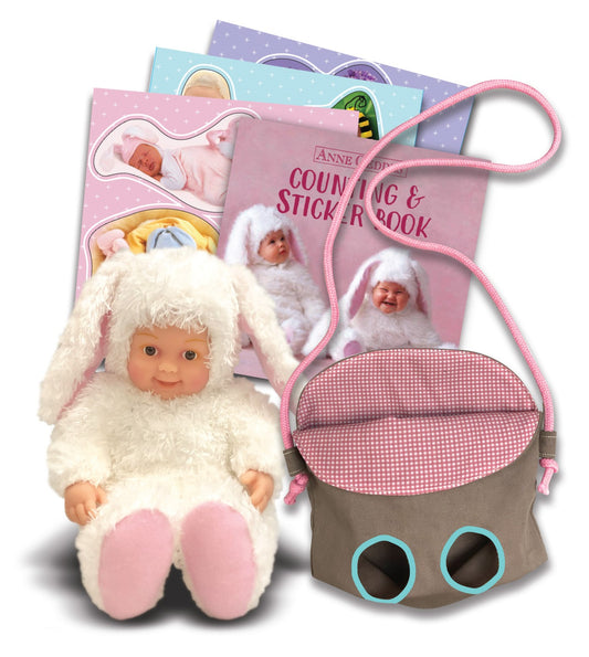 Anne Geddes Iepuras 23 cm cu mini-carte cu stickere si punga mica de panza