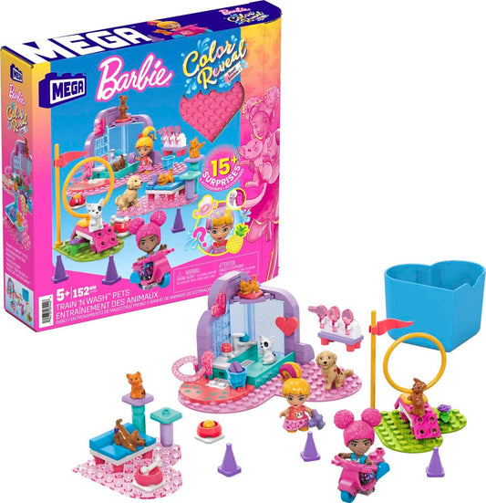 Mattel  Mega Bloks Barbie Color Reveal Train 'n Wash Pets, 152 buc.