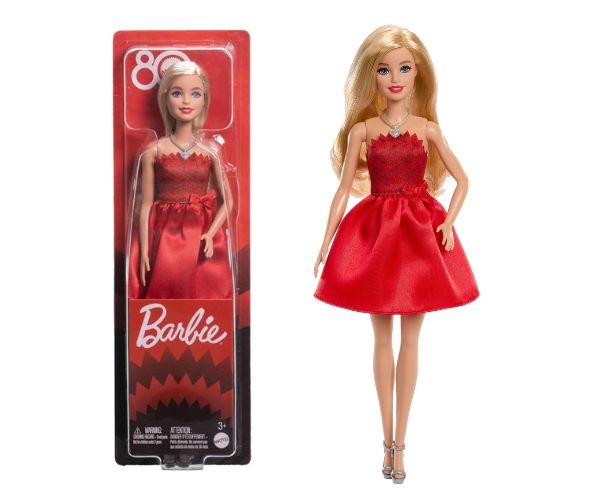 Papusa Barbie Colectie aniversara 80 de ani, Blonda cu rochie rosie rubin / 5