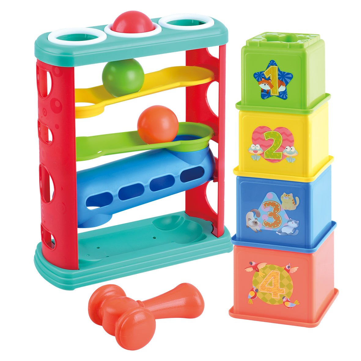 Stack & Roll Fun Combo - Joc bebe cu ciocan si cuburi 2 in 1