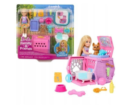 Set Papusa Chelsea Puppy Carrier cu Accesorii pentru Caini
