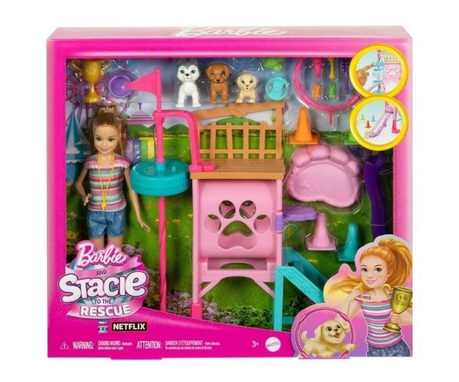 Set Papusa Stacie si 3 catelusi la locul de joaca