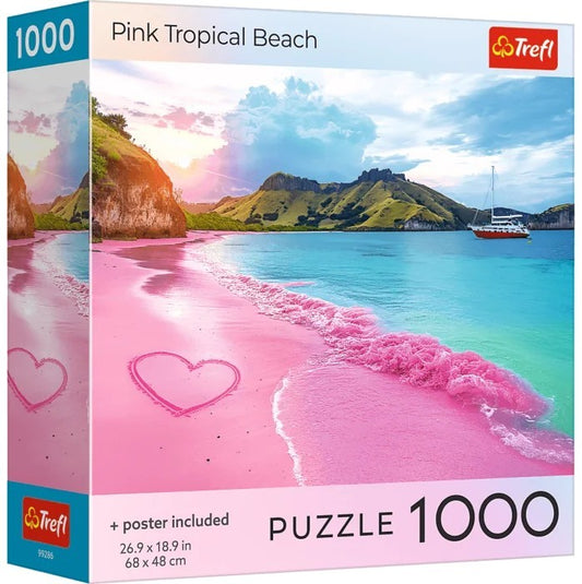 Puzzle 1000 piese Square Box with poster - Pink Tropical Beach
