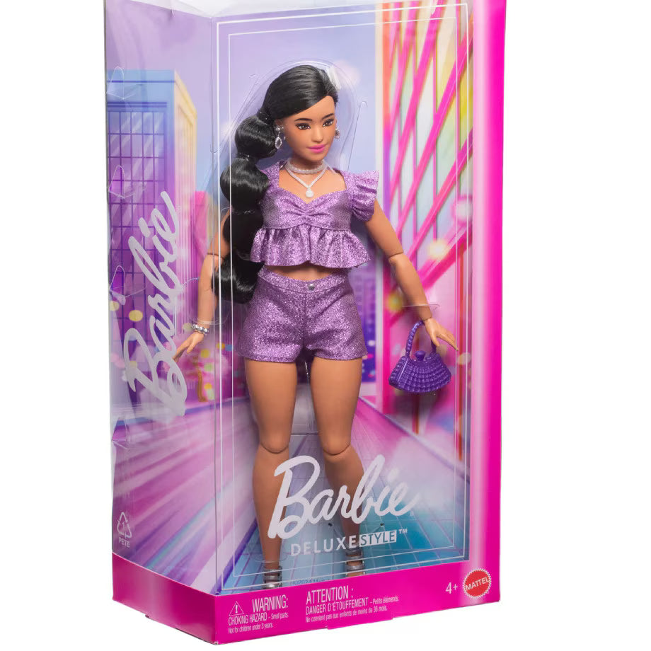 Papusa Barbie Deluxe Style - Metallic Outfit cu par negru / 2