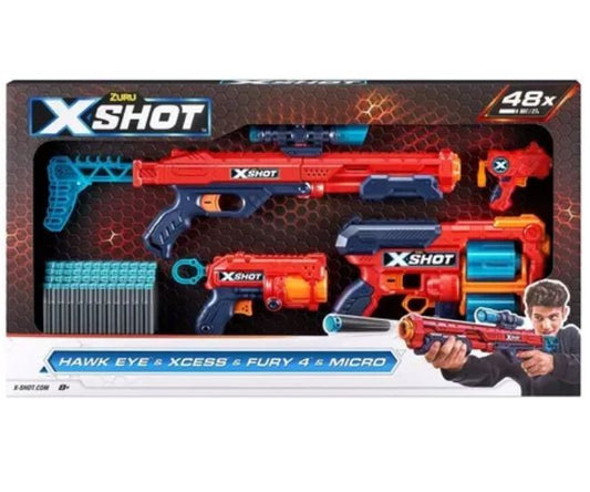 X-Shot set 4 blastere - Hawk Eye, Xcess, Fury 4, Micro / 4